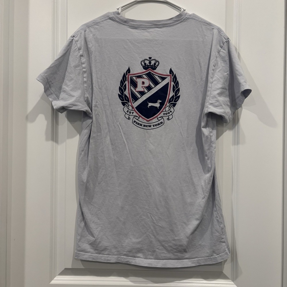 Victorias Secret PINK Shirt XS Blue Short Sleeve Varsity Ivy Logo Top